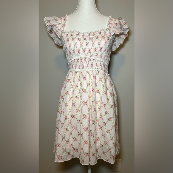 Pink Floral cotton stripe Print Prairie flutter sleeve Dress sweet girlie cute M - Picture 2 of 10